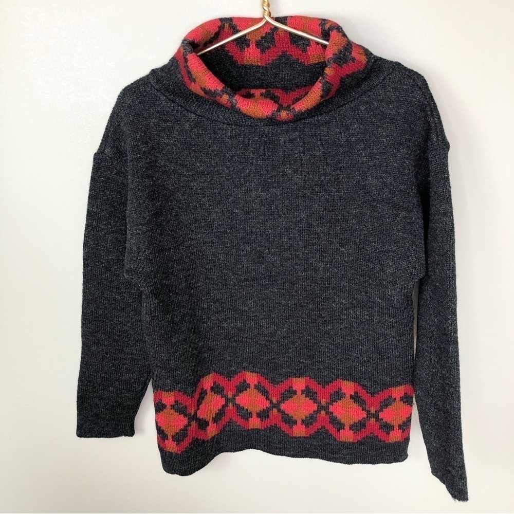 Vintage gray wool cowl neck red & rust artsy pattern sweater S/M